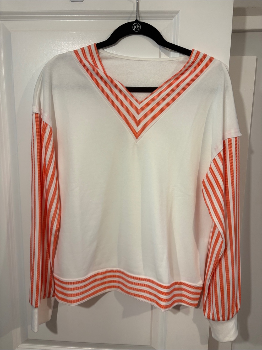 White & Orange Stripe V-Neck Women's Top